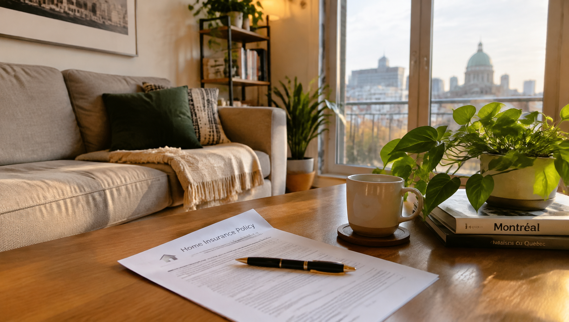 Salon d’un appartement de Montréal avec une police d’assurance habitation sur la table