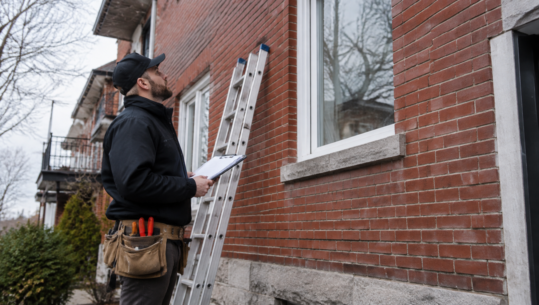 Technicien inspectant la façade de brique d’un immeuble résidentiel de Montréal