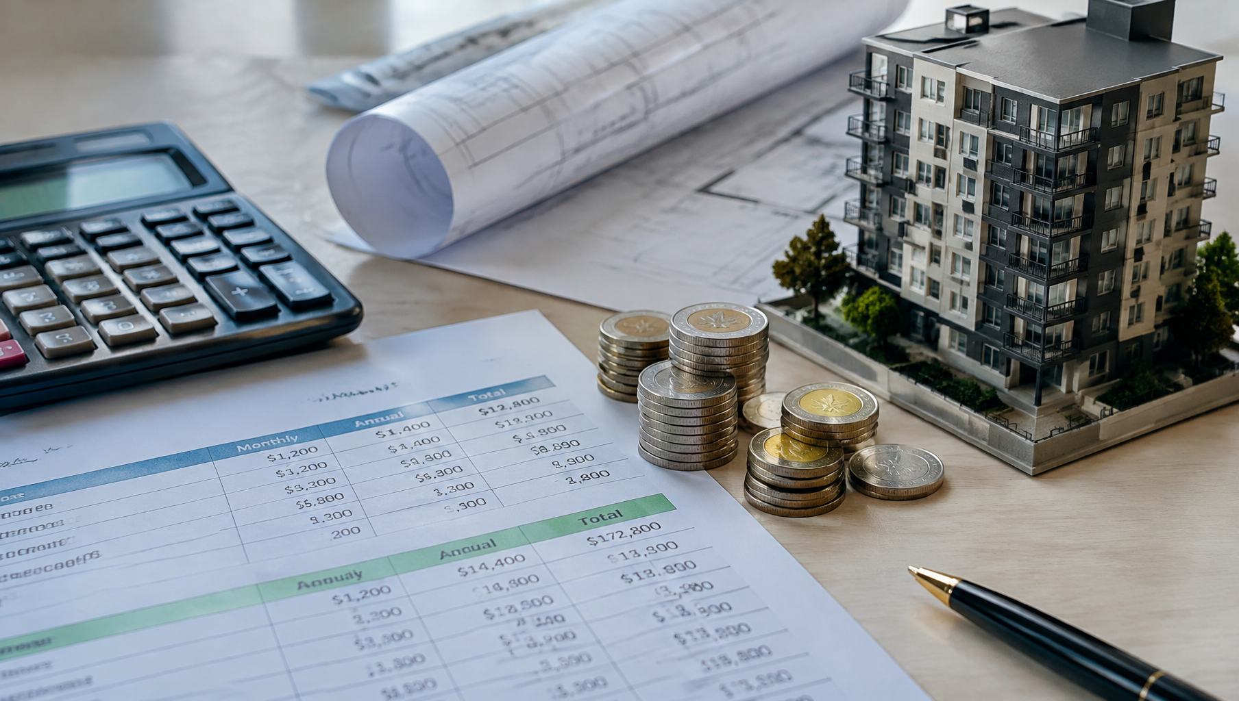 Feuille de calcul financière, pièces canadiennes et maquette d’un immeuble en copropriété