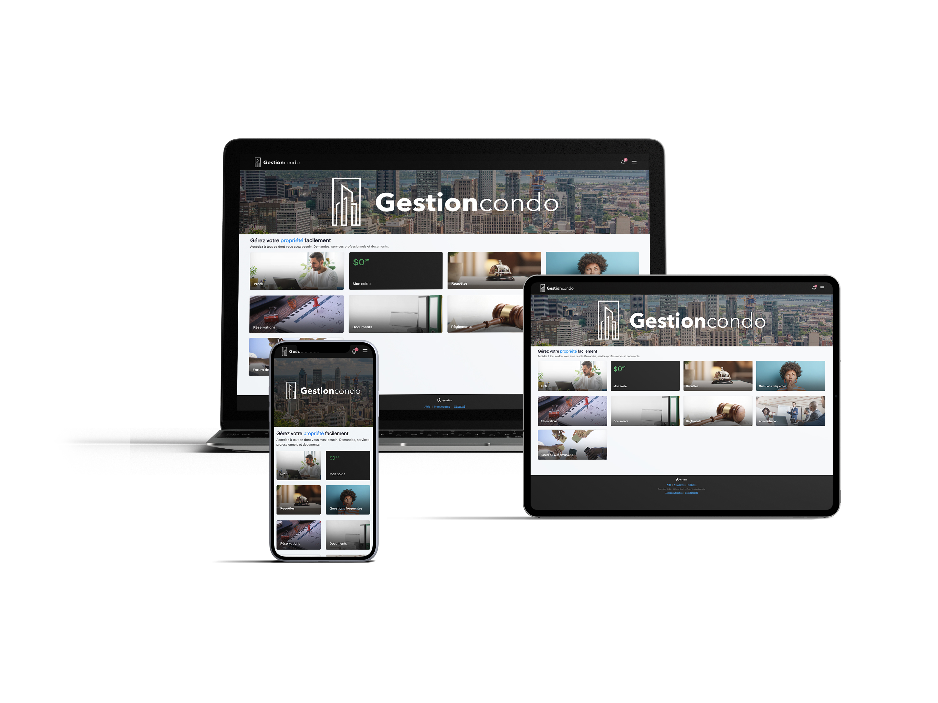 Portail Gestioncondo sur ordinateur portable, tablette et téléphone
